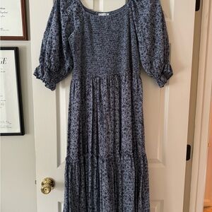 Ivy City Co Blue Midi Sundress with Tiered Ruffles and Puff Sleeves